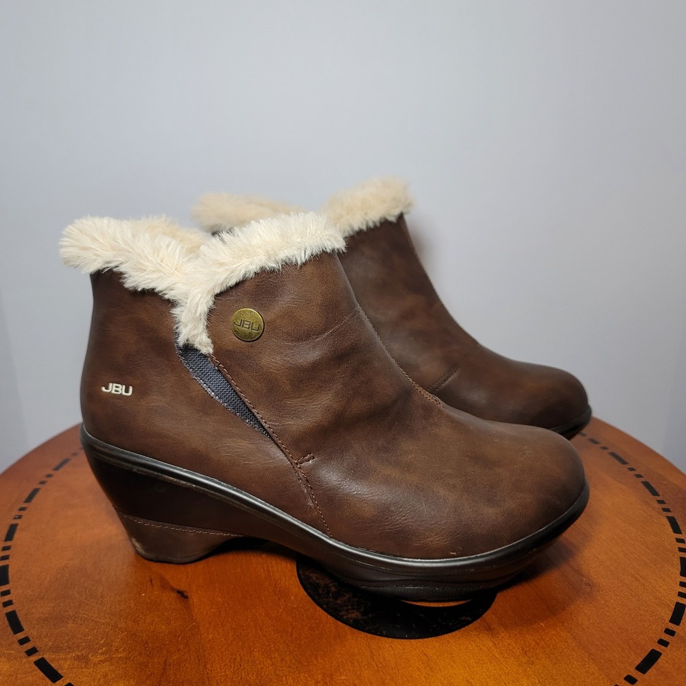 JBU Jambu Mesa Brown Vegan Leather Faux Fur Wedge Ankle Boots Mens 8.5M JB17MSA